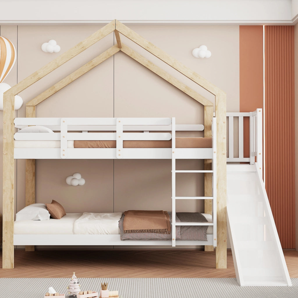 Letto a castello 90x200 cm con scivolo e scala in legno e MDF bianco