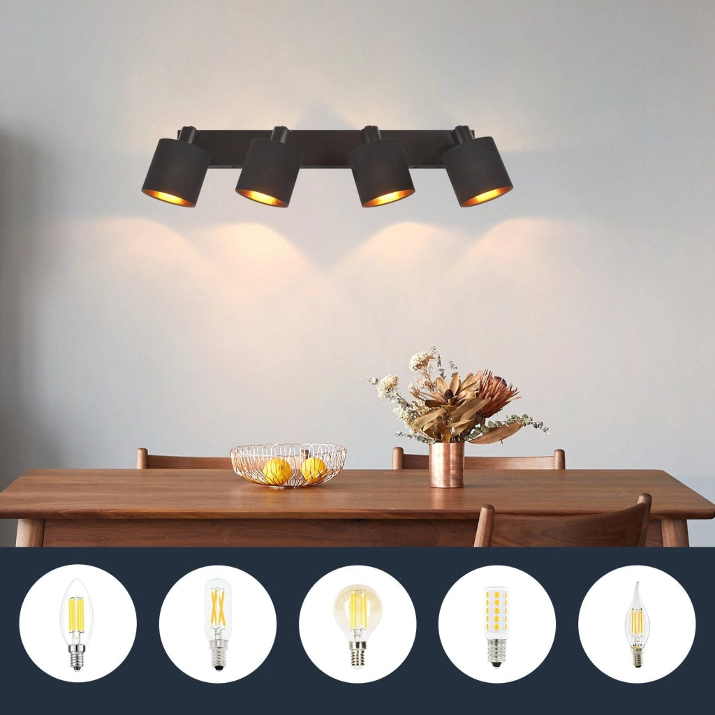 ZMH Faretto da soffitto neri retrò 4 luci E14 rotativi 350° paralume tessuto max 25W per camere senza lampadina