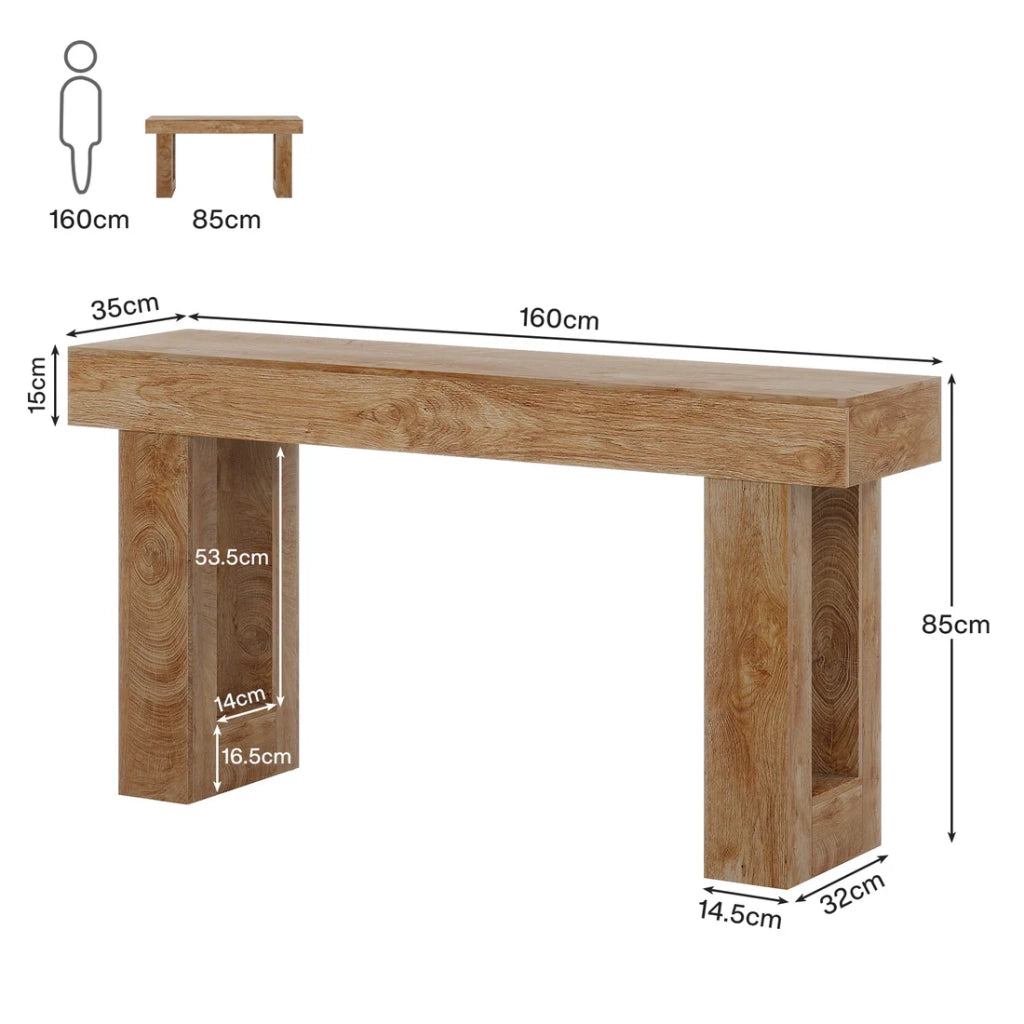 consolle da ingresso in legno stile casa di campagna, piano lungo 160 cm, marrone, per soggiorno e corridoio
