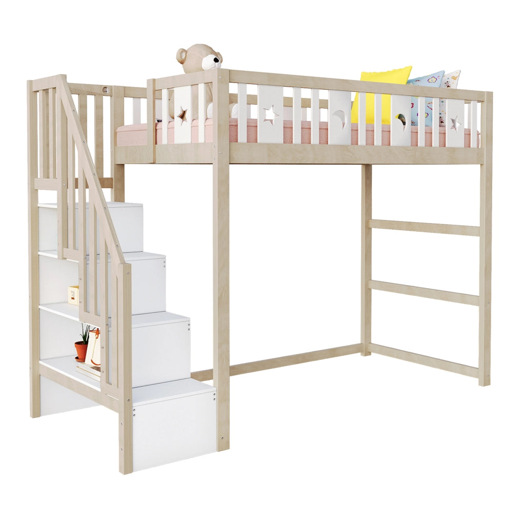 Letto a castello in legno massello bianco e naturale con scala spazio di stoccaggio 90x200cm