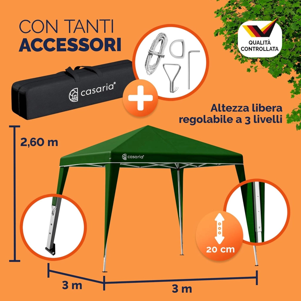® Gazebo da Giardino Capri 3x3m Pop-Up Protezione 50+ Impermiabile Tenda a Fisarmonica Verde