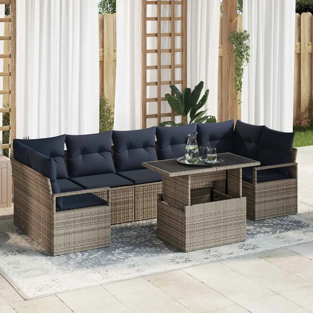 Set Divano da Giardino 8 pcs grigio e blu navy polyrattan