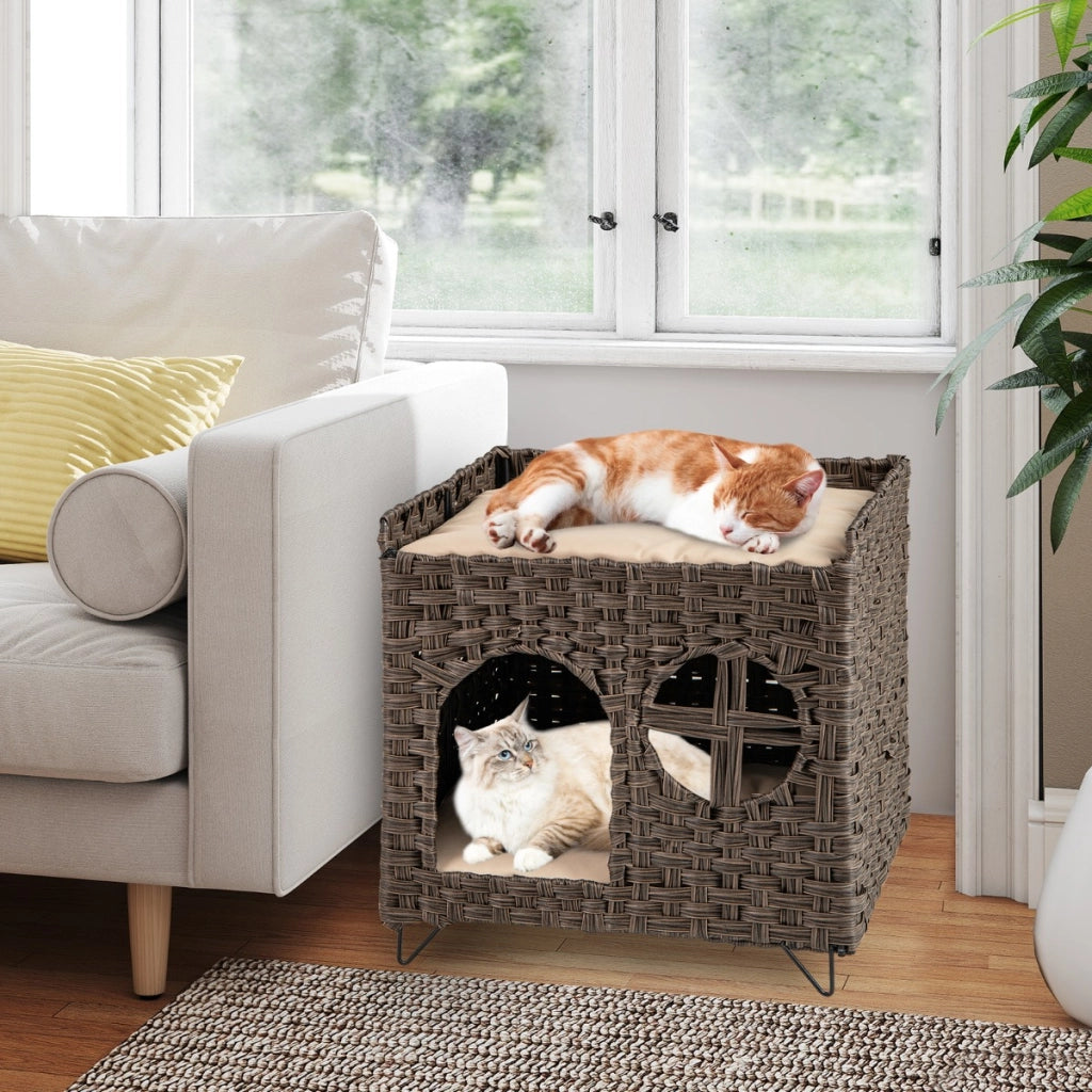 Condominio per gattini in vimini con trespolo elevato grotta nascosta, Casa per gatti in rattan a 2 livelli Marrone-Lettini e divanetti