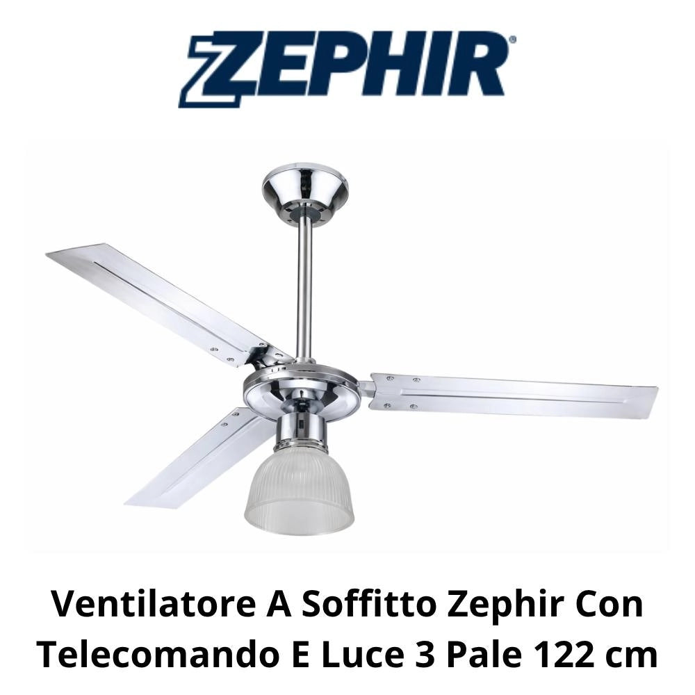 Ventilatore a soffitto zephir con telecomando e luce 3 pale 122 cm