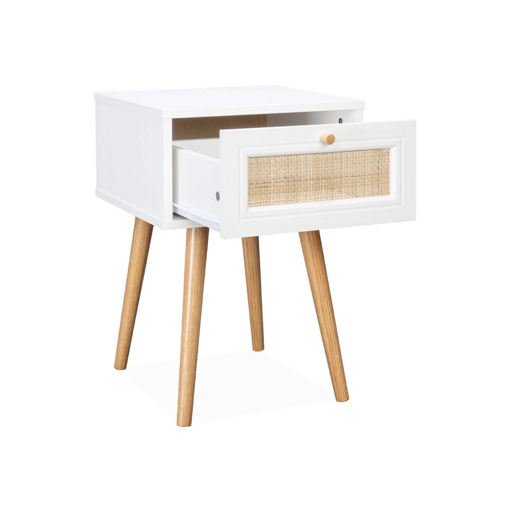 Set 2 comodini effetto legno e cannage, bianco sporco