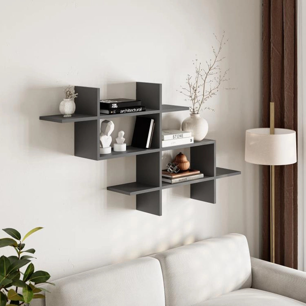 Mensola Libreria 3 Ripiani Geometrica in Legno Salvaspazio 150x82x22cm Antracite