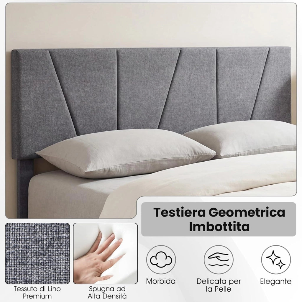 Struttura Letto Matrimoniale, Letto Piattaforma Rivestito in Lino con Testiera Regolabile in Altezza, Doghe in Legno a Supporto del Materasso, Silenzioso (200x160cm)