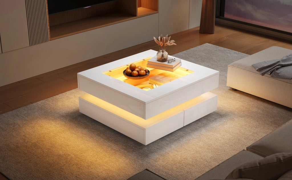 Tavolino da salotto quadrato con 3 cassetti e LED USB; piano in vetro; finitura lucida; per soggiorno; bianco; 70 × 70 × 35 cm