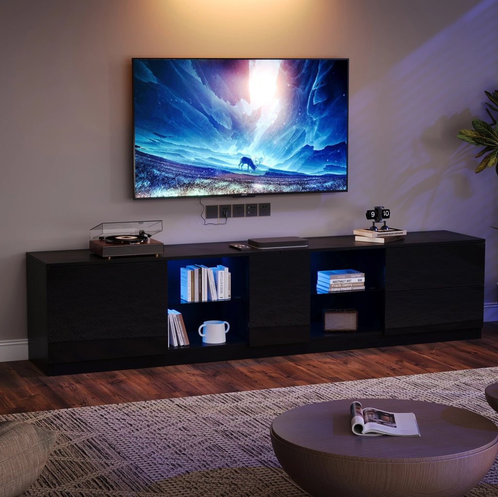 Mobile TV basso nero 160 cm con LED, 2 cassetti e vano con vetro temperato