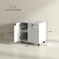 Schedario per Ufficio con 3 Cassetti e Armadietto con 3 Ripiani Regolabili, in Legno, 60x40x56 cm, Bianco