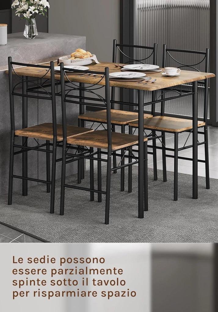 Set da Pranzo per 4 Persone, Tavolo Industriale con 4 Sedie, MDF e Struttura in Metallo, Facile da Montare e Pulire,Marrone Rustico + Nero