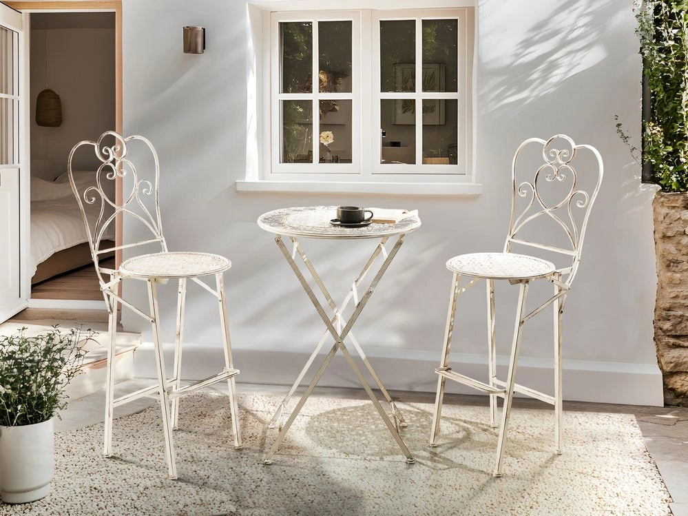 Tavolo bar da giardino pieghevole con piano in metallo beige chiaro effetto anticato rotondo chic francese