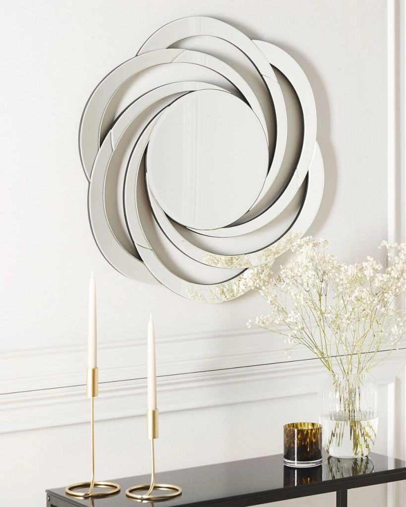 Specchio da parete in vetro argento MDF ciclone a forma di fiore moderno soggiorno camera da letto