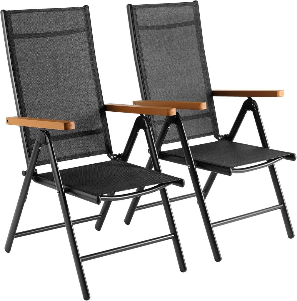 Set di 4 Poltrone da Giardino con Bracciolo Simil Legno, Pieghevole in Alluminio con Schienale Alto Regolabile in 7 Posizioni, per Balcone o Campeggio, Traspirante.