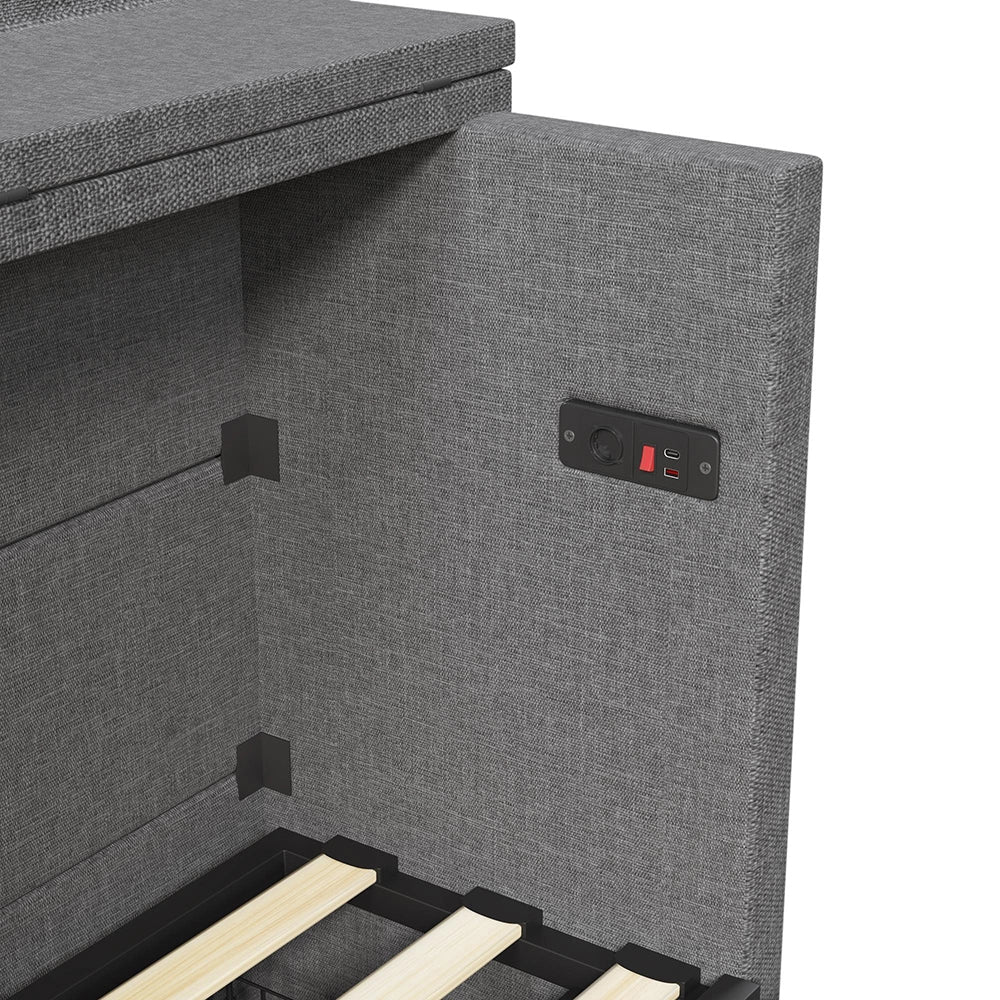 Letto contenitore 140x200 cm - Xylo - con cassetto, porte USB e Type-C, tessuto lino grigio, senza materasso