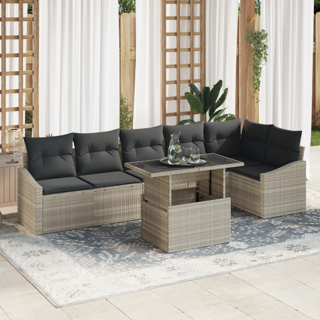 Set di divani da giardino a 7 pezzi con cuscini grigio chiaro in polyrattan