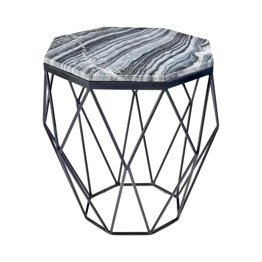 Tavolino NEXORA 50 cm in marmo grigio e metallo nero design geometrico