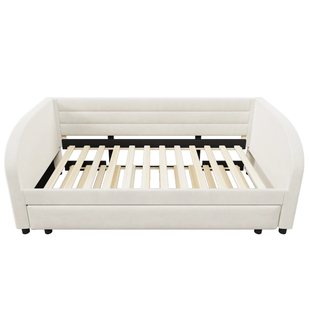 Letto 90x200 cm con letto estraibile e LED in flanella beige