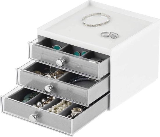 Organizzatore di gioielli con 3 ante per tavoli da toeletta e cosmetici - Organizzatore di gioielli in plastica - Bianco/grigio
