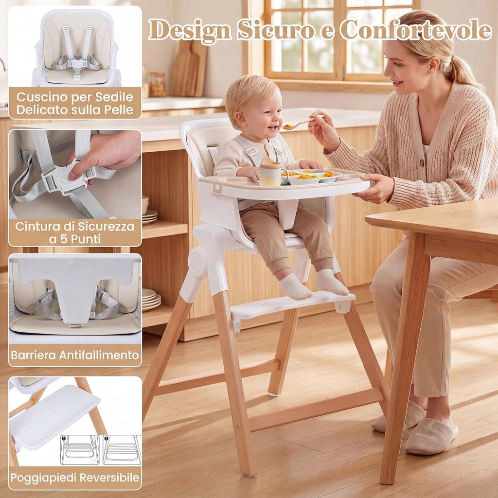 Seggiolone Pappa Pieghevole 4 in 1 con Cuscino di Seduta (Beige) | Seggiolone per Neonati 6-36 Mesi con Vassoi Rimovibili, Portabicchieri, Cintura di Sicurezza e Gambe in Legno