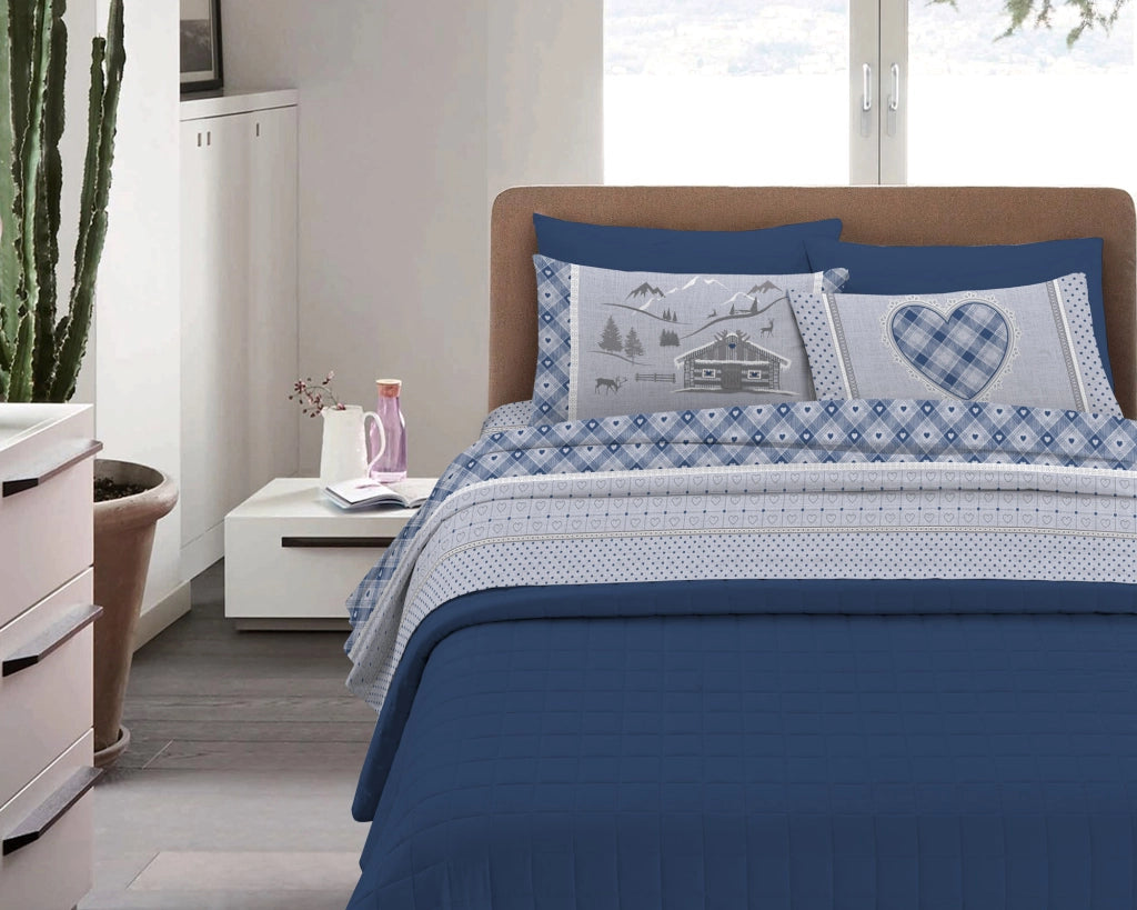 Completo Letto in Flanella Calda e Morbida Anti Pilling - Set Flanellato 3 Misure parure con Federe - Chalet Blu - 1 Piazza