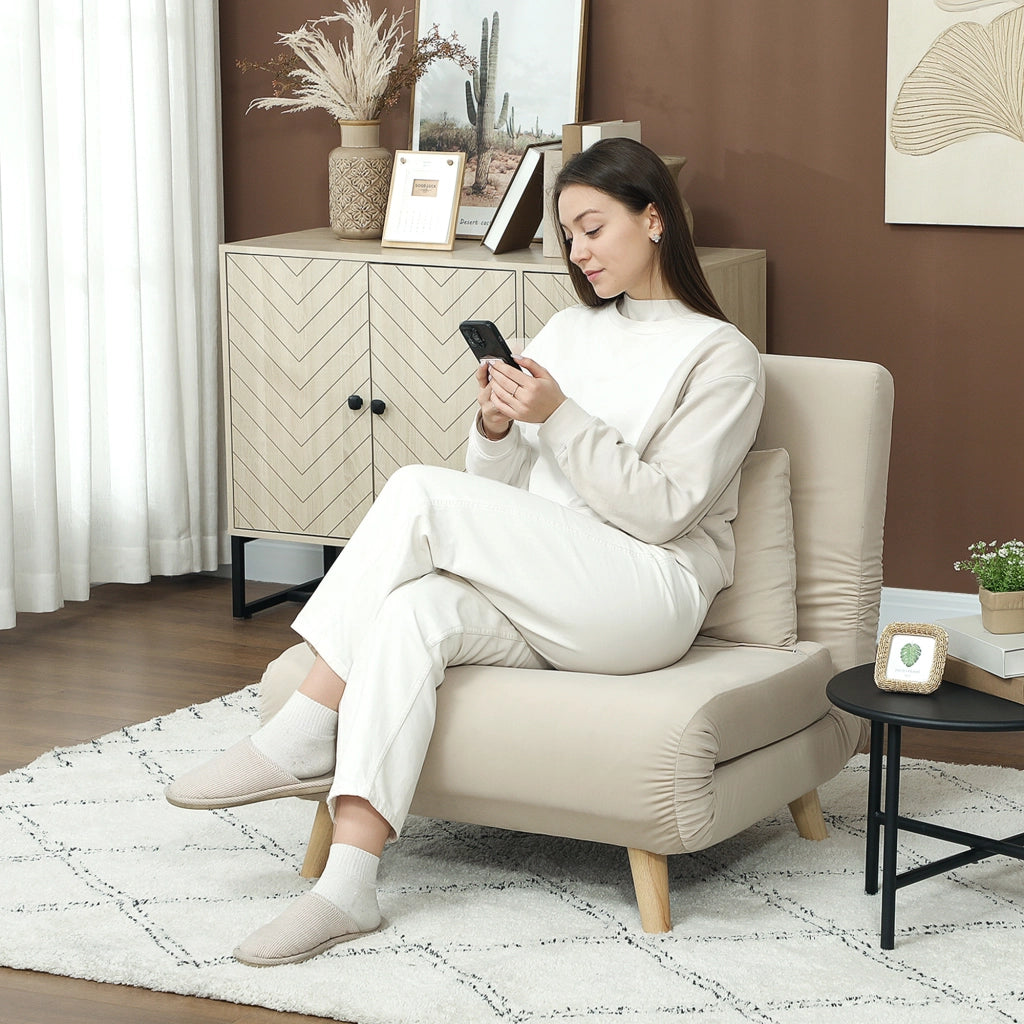 Poltrona letto reclinabile con schienale regolabile e cuscino, in velluto beige imbottita 72 × 78 × 79 cm