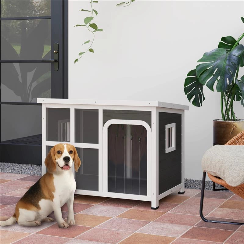 CASETTA PER CANI CON FINESTRELLE E INGRESSO A TENDA IN LEGNO DI ABETE 90X62X71 CM GRIGIO CHIARO