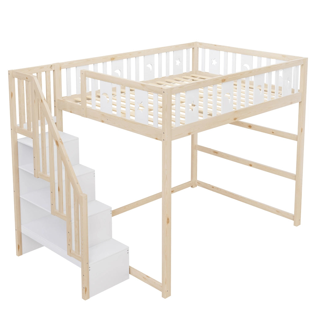 Letto a soppalco per bambini 140x200 cm in legno massello; con scala e ripiani; naturale e bianco
