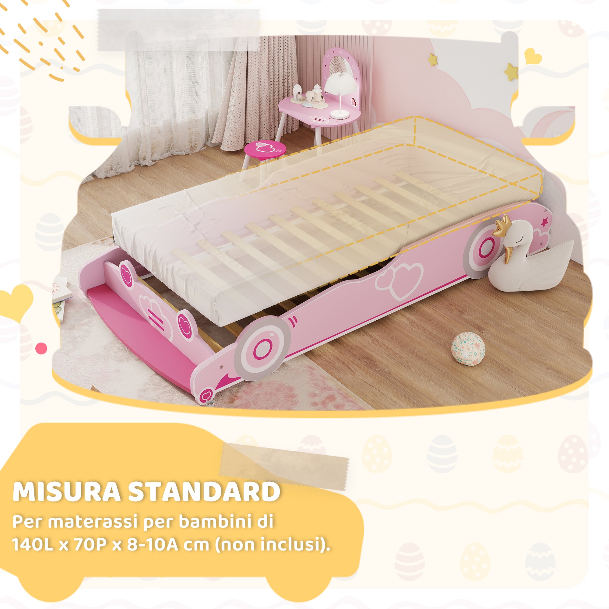 Letto per Bambini da 3-5 Anni 140x70 cm a Forma di Macchina con Sponde Rialzate di Sicurezza Rosa