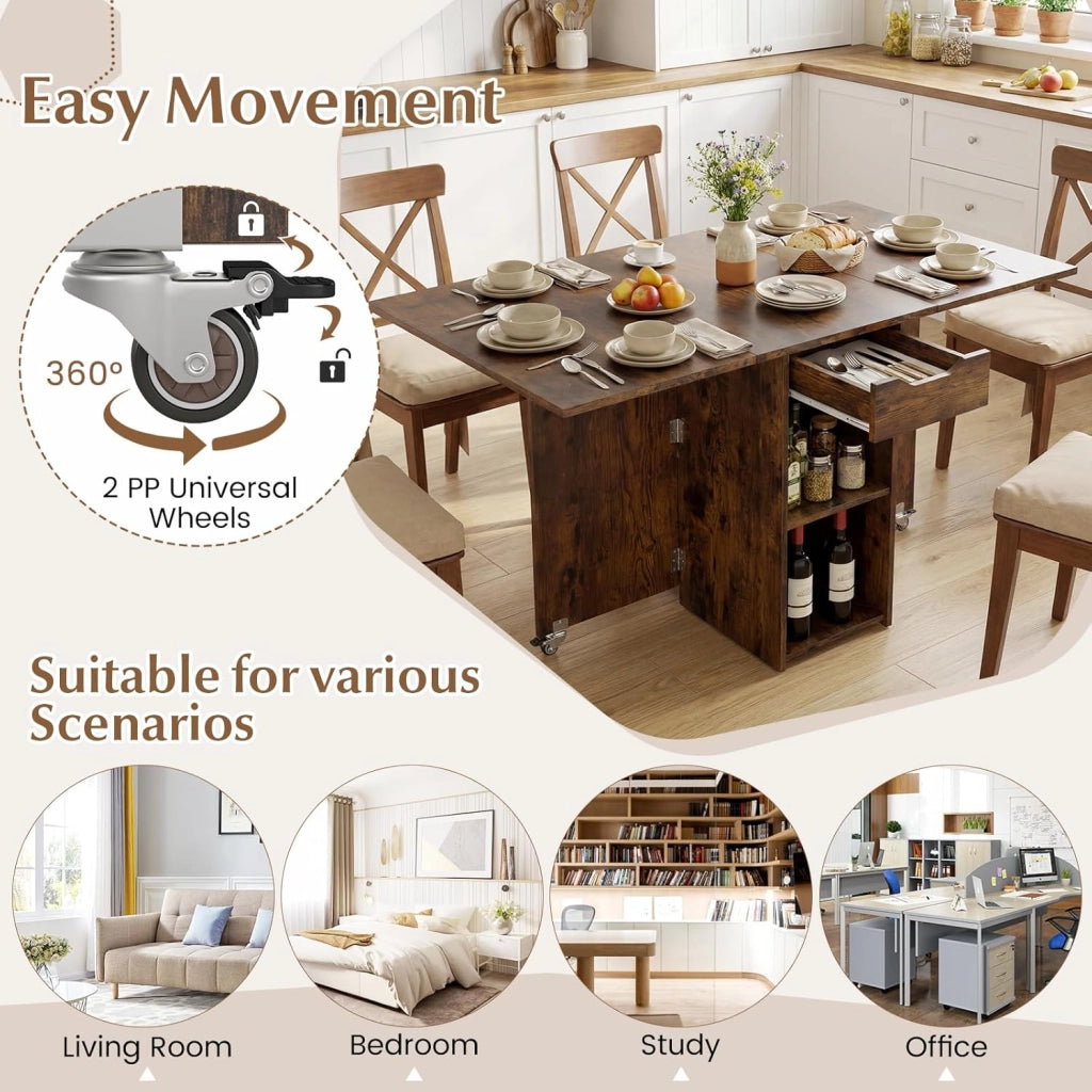 Tavolo da Pranzo Pieghevole, Mobile da Cucina con Ali Pieghevoli, 1 Cassetto e 2 Ripiani Aperti, per 2-4 Persone, Salvaspazio, 120 x 72 x 75 cm, Ideale per Sala e Cucina