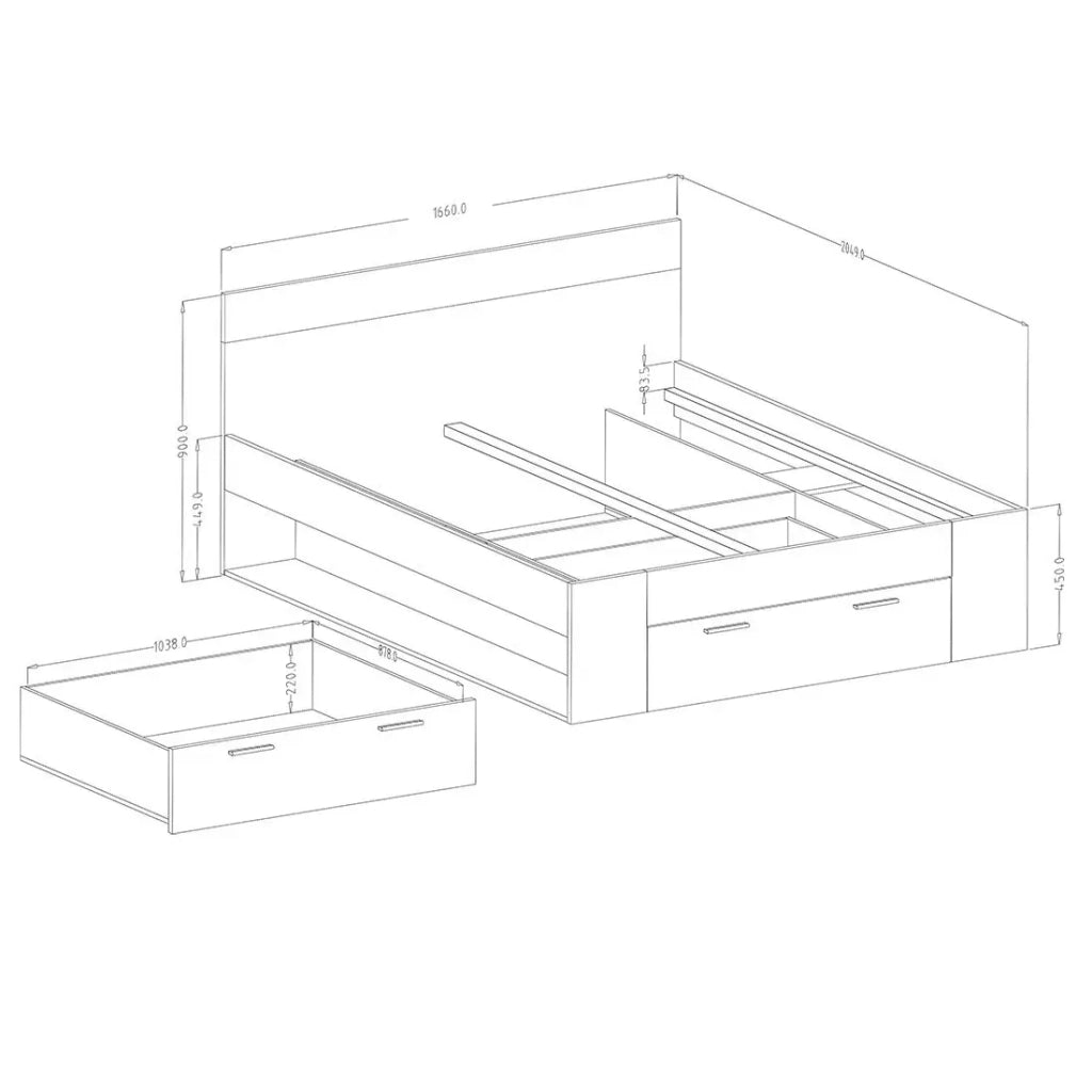 Letto adulto 160x200 con cassetti integrati - Collezione EOS. Colori rovere scuro e nero.