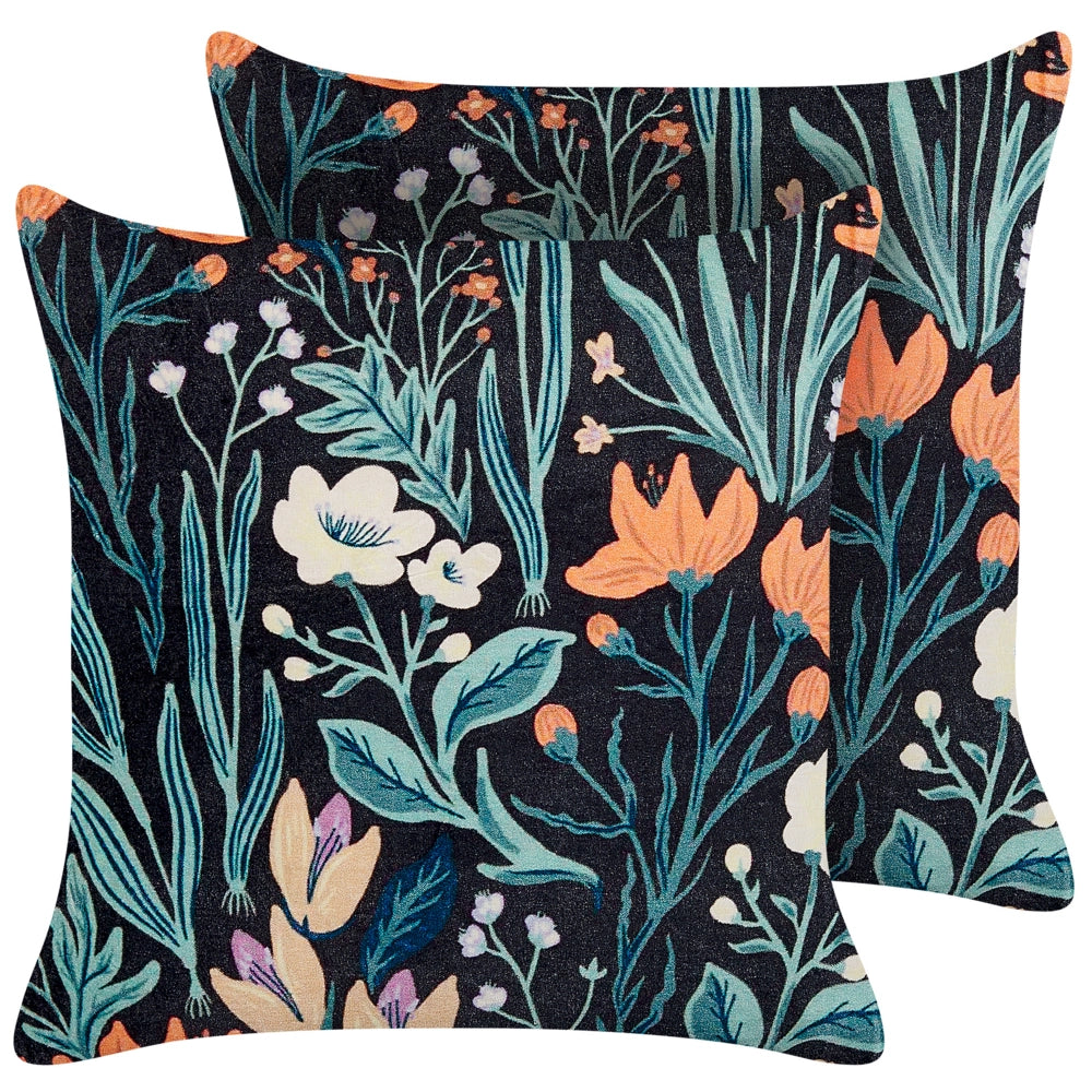 Set di 2 cuscini decorativi nero verde velluto 45 x 45 cm velluto motivo fiore moderno glamour decor