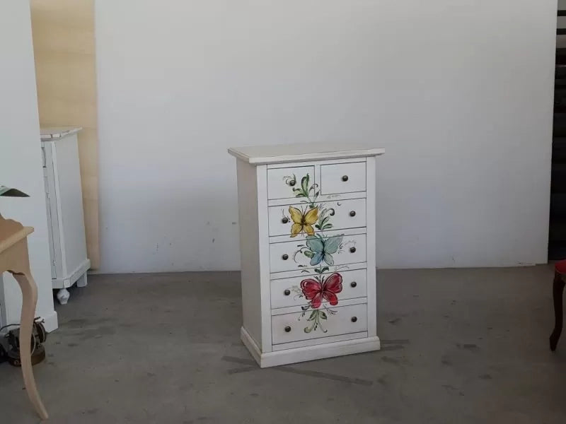 Cassettiera 6 cassetti in legno shabby bianco anticato decori farfalla 62x37x93 - Mobili 2G