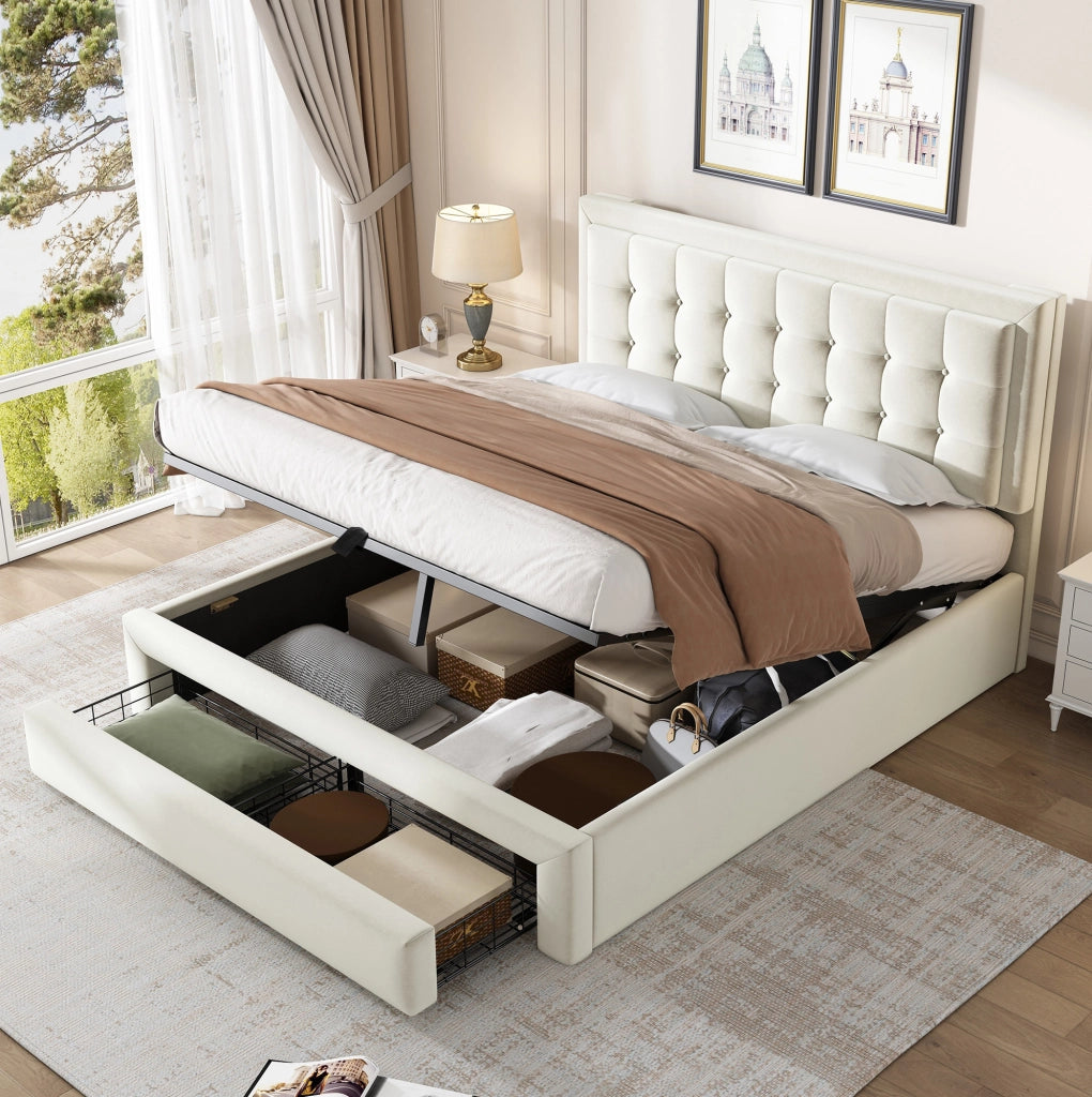 Letto matrimoniale imbottito 140x200 cm in velluto beige con testiera regolabile e contenitore