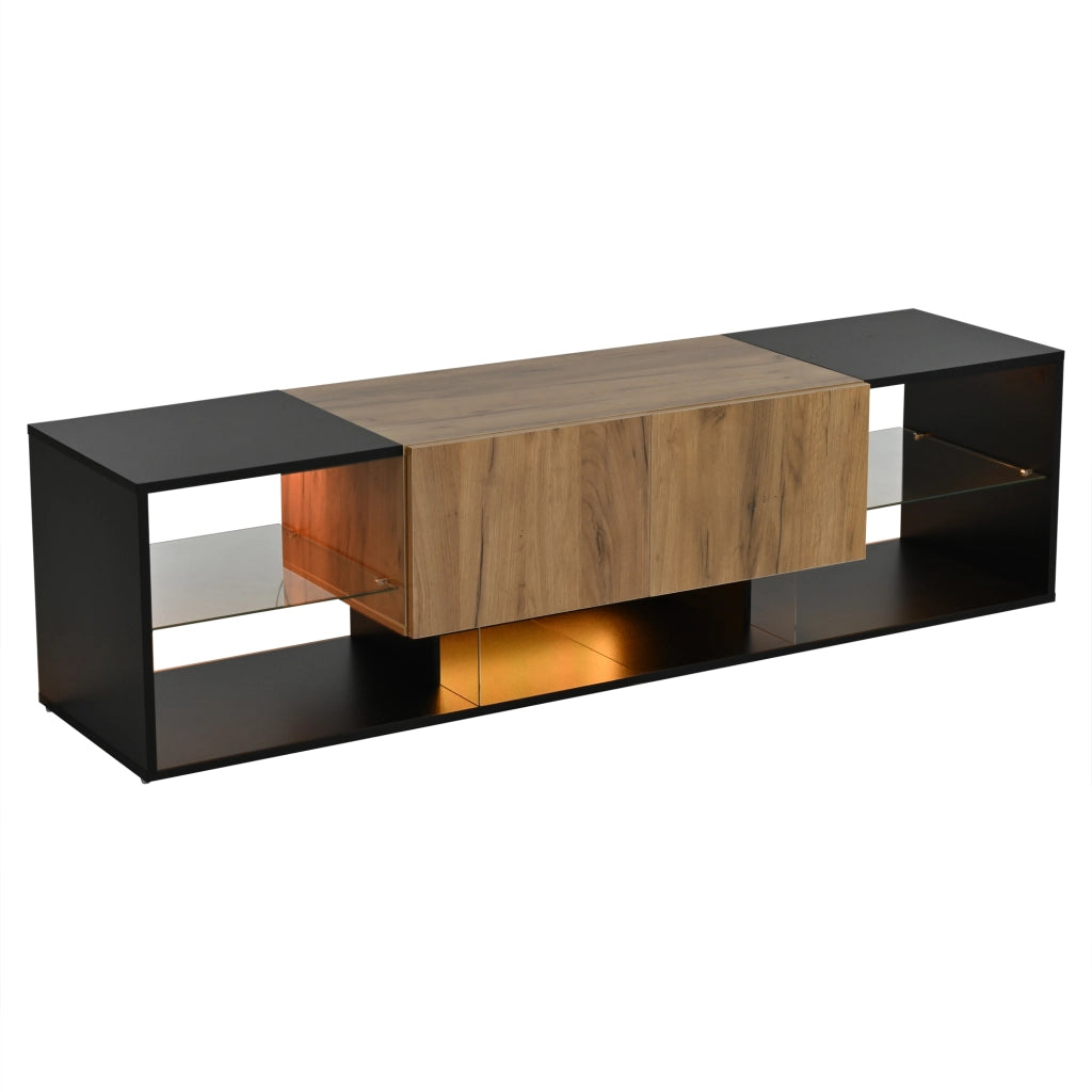 Mobile porta TV con LED e 2 cassetti, 5 vani aperti, per soggiorno, in truciolare, nero e naturale, 160 × 40 × 42 cm