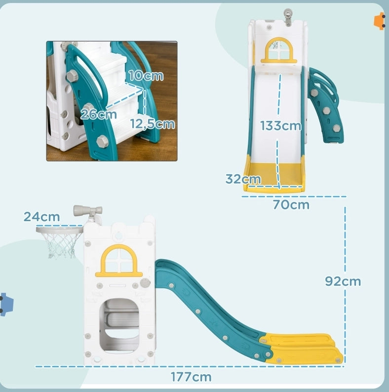 Scivolo per bambini 4 in 1 giallo con canestro, cannocchiale e arrampicata per gioco attivo