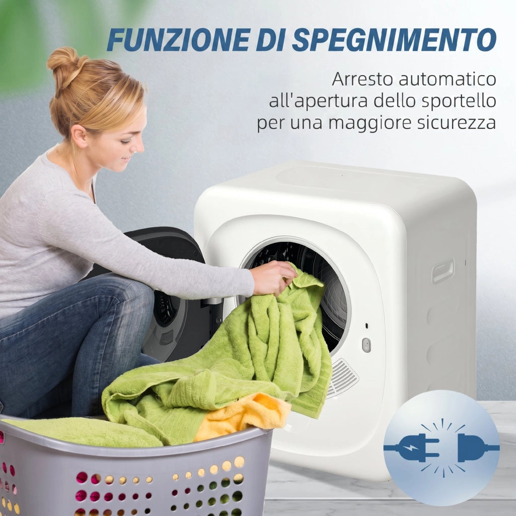 Mini Asciugatrice Portatile 48x40x56 cm Capienza 4 kg 5 Programmi 800W Carica Frontale Tamburo in Acciaio Inox Bianco