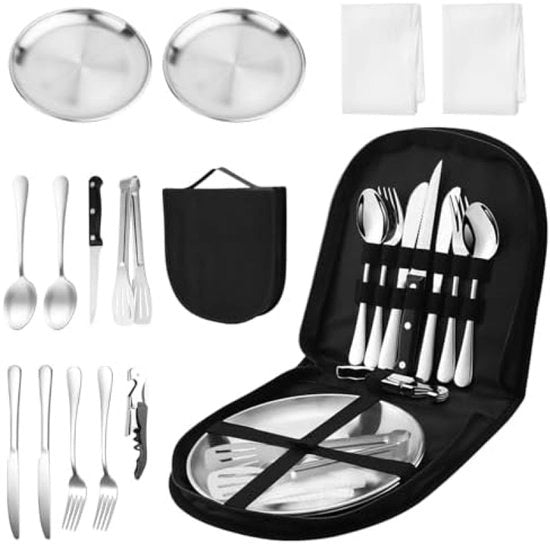 Set di servizio da campeggio per 2 persone - Set di picnic in acciaio inox per outdoor, campeggio, BBQ e escursioni - Incluso zaino portatile