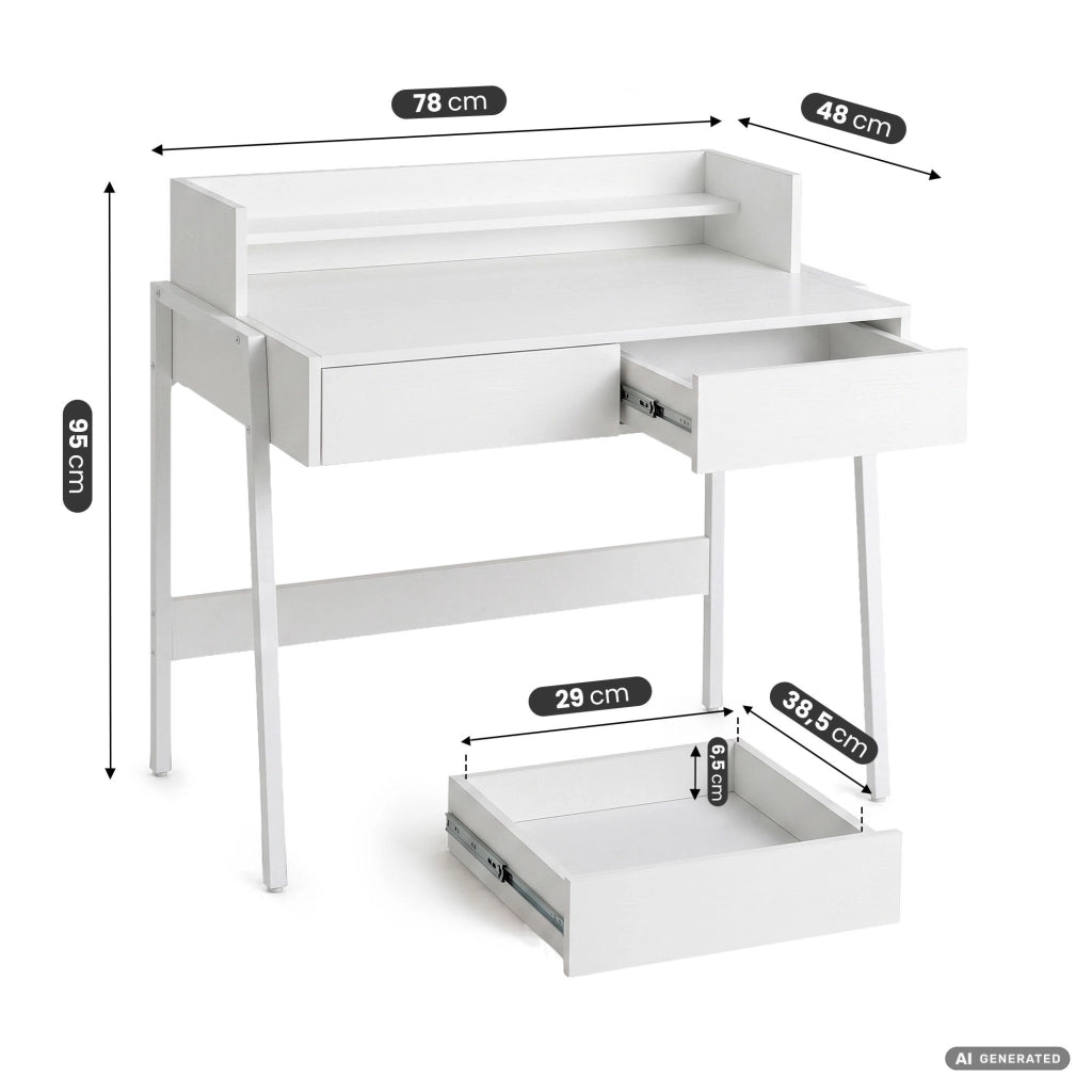 Scrivania industriale per computer Bianca FLUX 78 cm 2 cassetti 1 ripiano gambe bianche