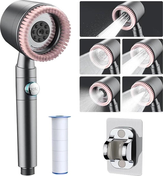 Douchekop ad alta pressione con risparmio d'acqua massaggio con 5 modi filtro multifunzionale regolabile per la cura della pelle per adulti bambini animali domestici.