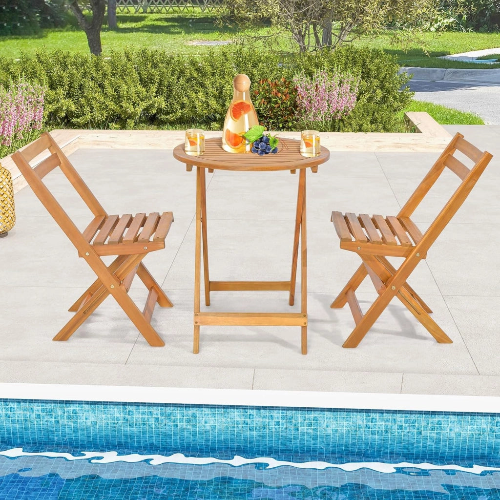 Set Tavolino e Sedie da Giardino in Legno di Acacia, Set Mobili di 3 Pezzi da Giardino Pieghevole, Set di Bistrò per Giardino Patio Coltile, Tavolino Porta 75 kg, Sedia Portata 160 kg
