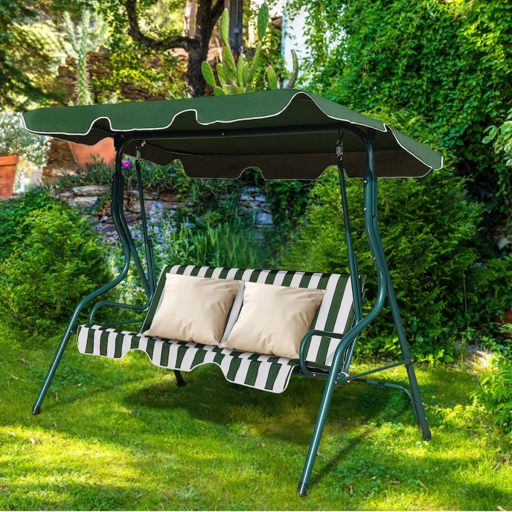 Dondolo a tre posti da giardino con oscurante e telaio in acciaio 172x154x110cm Verde e bianco-Dondoli