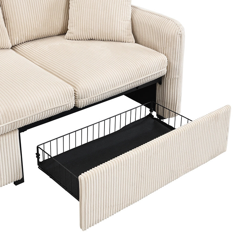 Divano 3 Posti Trasformabile con 2 Pouf Contenitore e 2 Cassetti; Velluto a Coste Beige