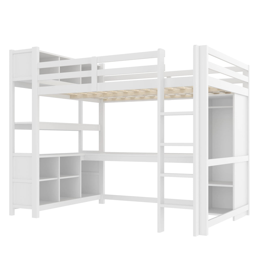 Letto a soppalco ULEVR 140x200 cm con scrivania, armadio e ripiani, in pino e MDF bianco