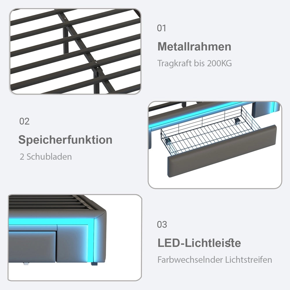 Letto contenitore - Xylo - 90x200cm LED, doghe metalliche, testiera morbida, grigio