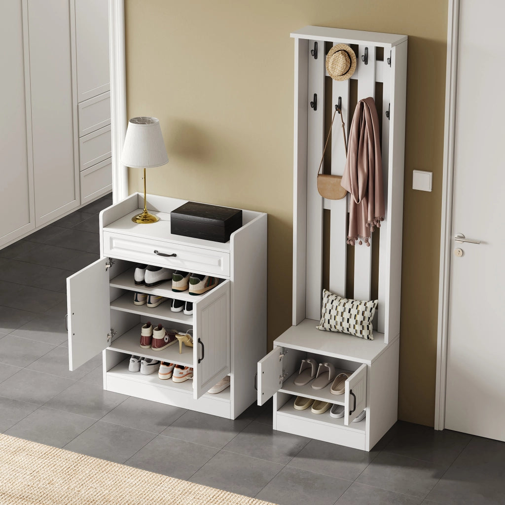 Mobile ingresso con 4 Ante; 1 Cassetto e 8 Ganci; con Panca Scarpiera; Stile Moderno; in Pannelli; Bianco; 125??36??190 cm