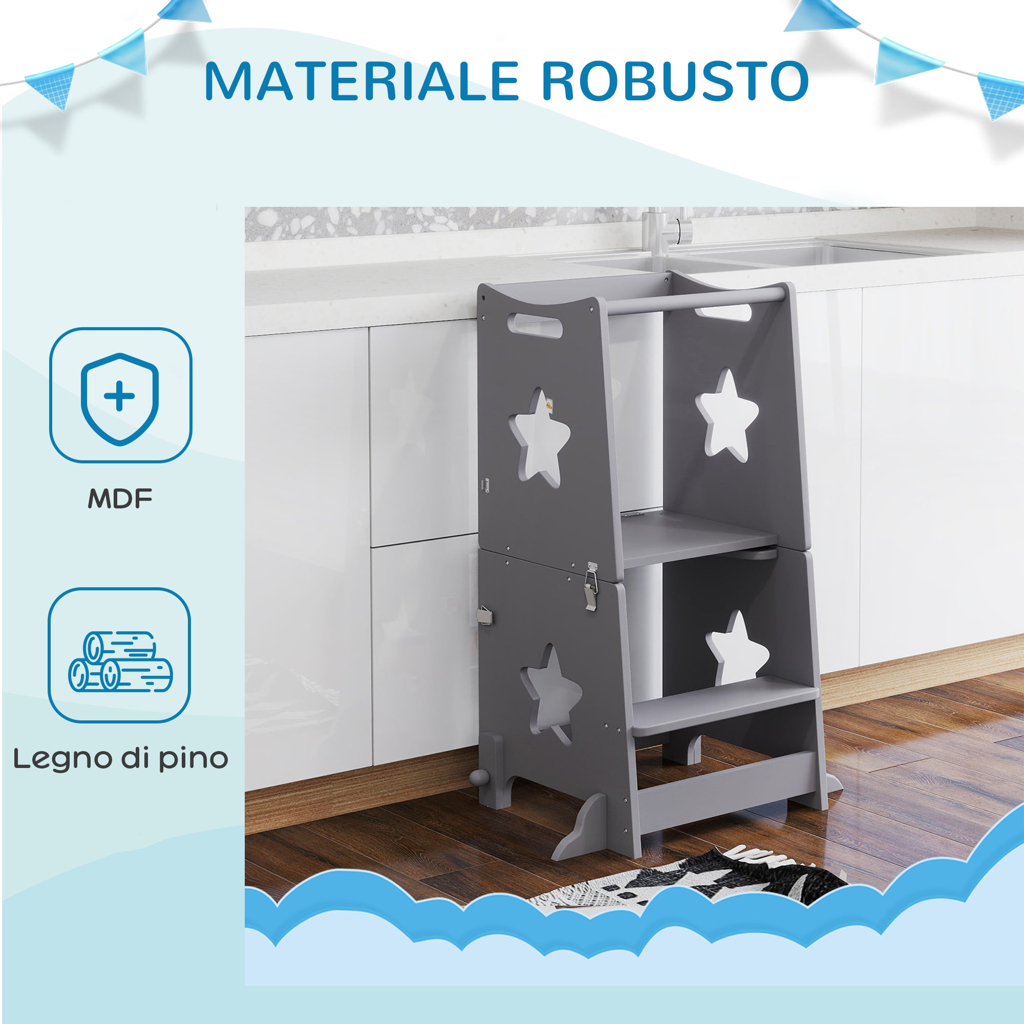Scala Montessori Convertibile  60x44.5x86 cm in Set Tavolo e Sedie con Barra di Sicurezza in Legno Grigio