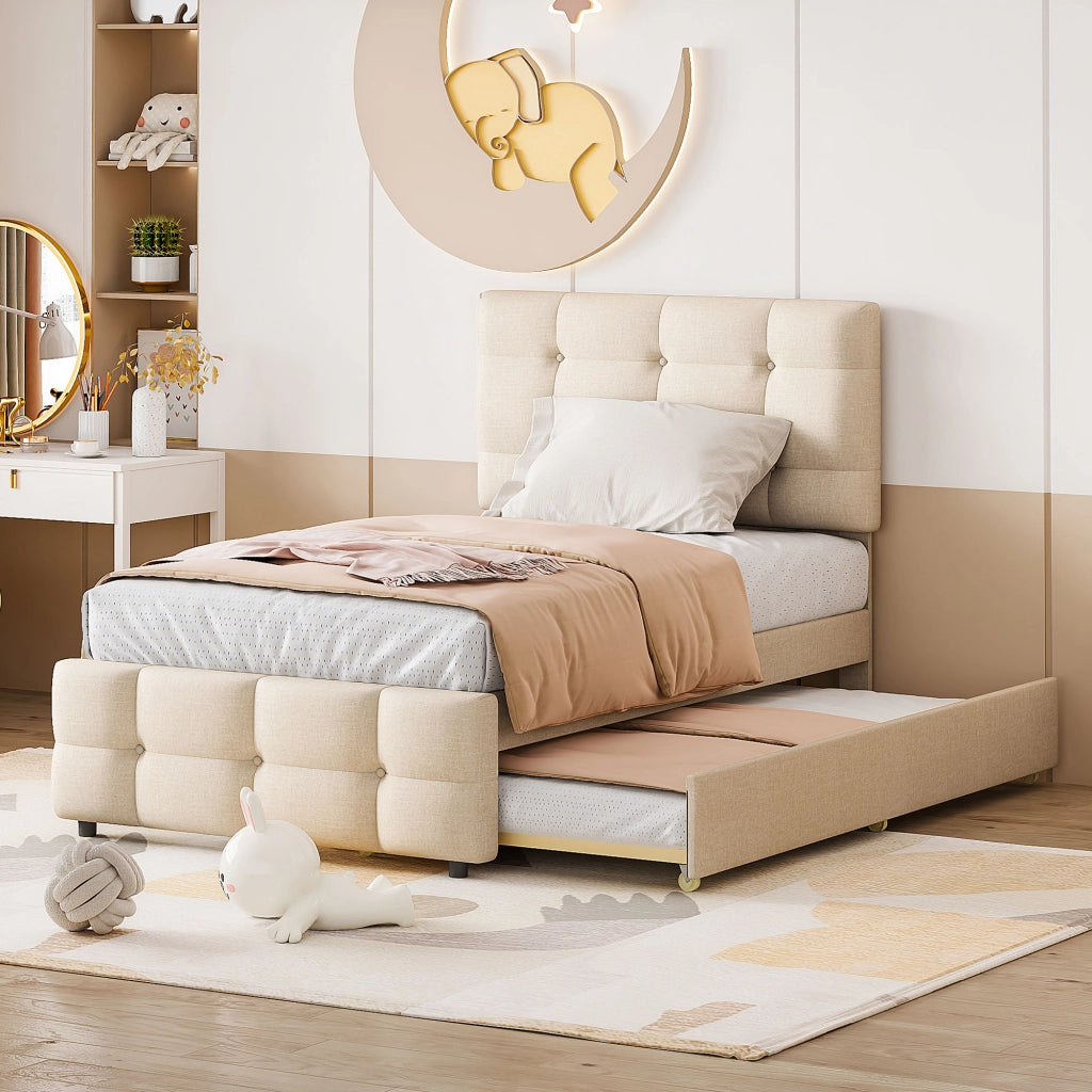 OKWISH Letto a Scomparsa 90×200 cm, Letto Singolo con Testiera Regolabile e Letto Estraibile, senza Materasso, in Tessuto Beige