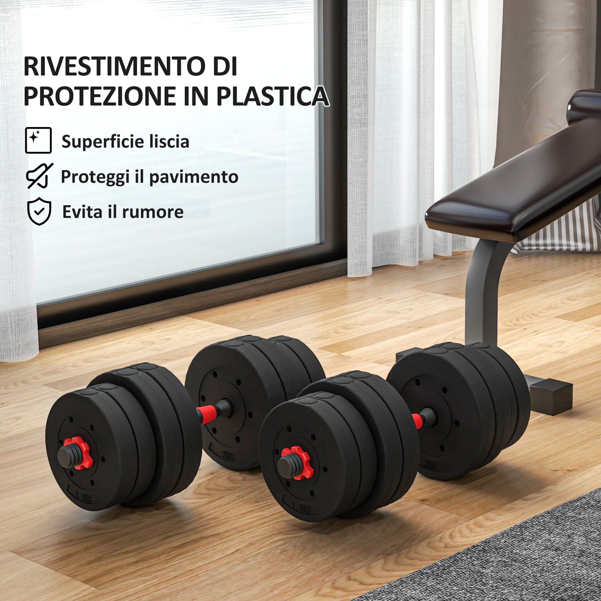Set 2 Manubri Antiscivolo con 16 Dischi Pesi da 30 kg  totali e Connettore in Acciaio HDPE e Sabbia Nero