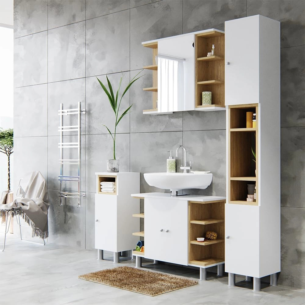 Set mobili bagno Aquis, Bianco, 79.6 cm, composto da specchio da bagno e mobile sottolavabo